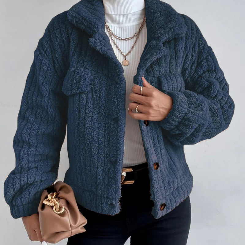 Women's Cropped Fuzzy Coat Warm Button-Down Lapel Jacket
