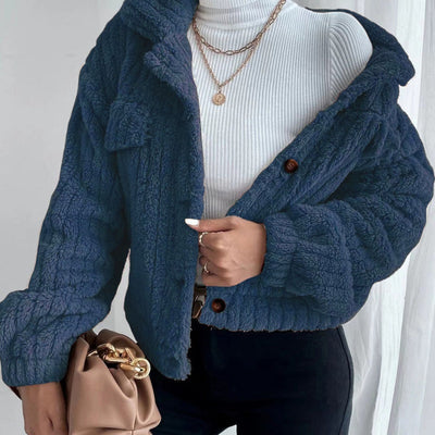Women's Cropped Fuzzy Coat Warm Button-Down Lapel Jacket