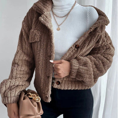 Women's Cropped Fuzzy Coat Warm Button-Down Lapel Jacket