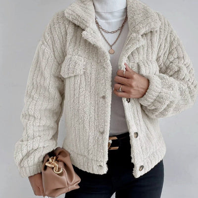 Women's Cropped Fuzzy Coat Warm Button-Down Lapel Jacket
