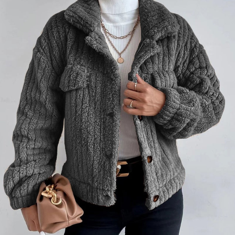 Women's Cropped Fuzzy Coat Warm Button-Down Lapel Jacket