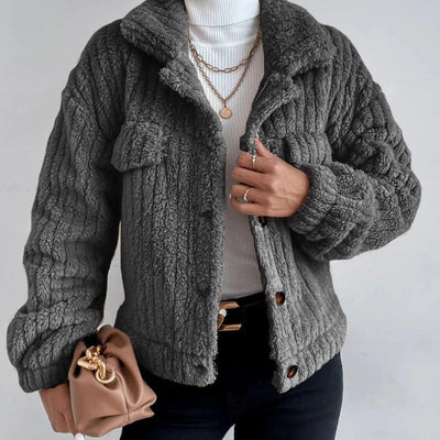 Women's Cropped Fuzzy Coat Warm Button-Down Lapel Jacket