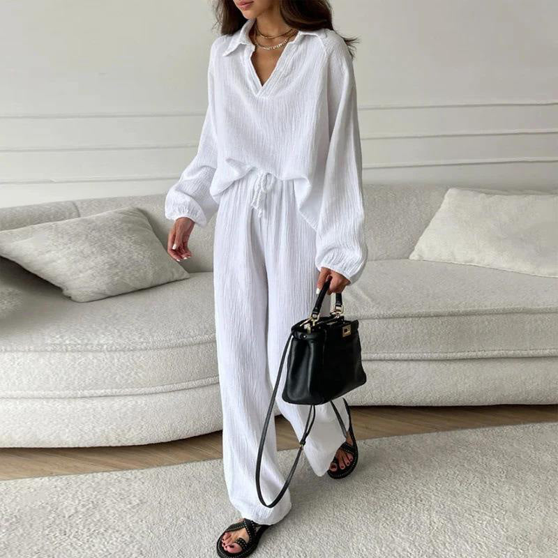 Casual 2 Piece Set V Neck Top And Loose Long Pants