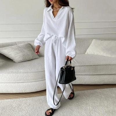 Casual 2 Piece Set V Neck Top And Loose Long Pants