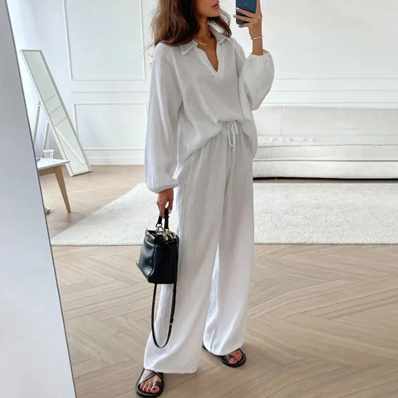 Casual 2 Piece Set V Neck Top And Loose Long Pants