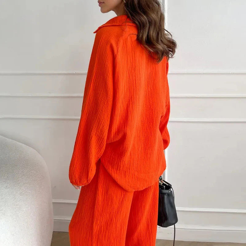 Casual 2 Piece Set V Neck Top And Loose Long Pants