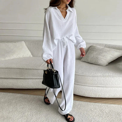 Casual 2 Piece Set V Neck Top And Loose Long Pants