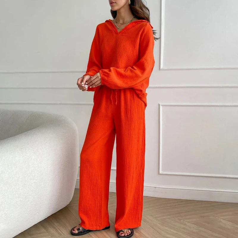Casual 2 Piece Set V Neck Top And Loose Long Pants