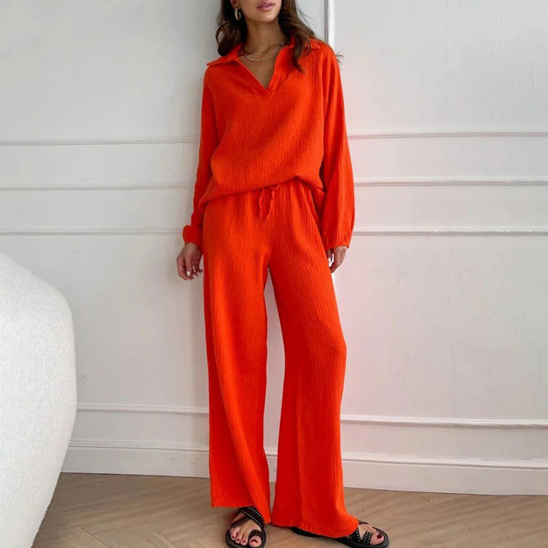 Casual 2 Piece Set V Neck Top And Loose Long Pants