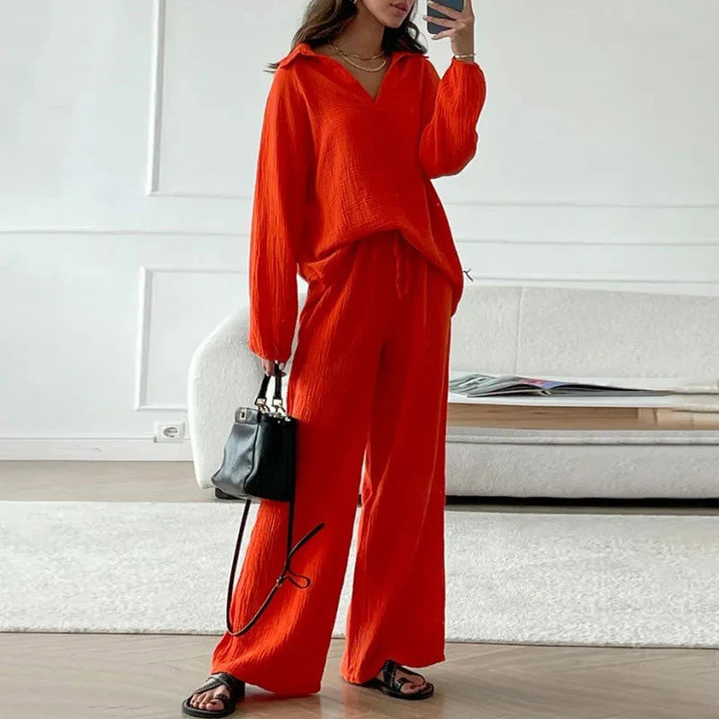 Casual 2 Piece Set V Neck Top And Loose Long Pants
