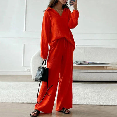 Casual 2 Piece Set V Neck Top And Loose Long Pants