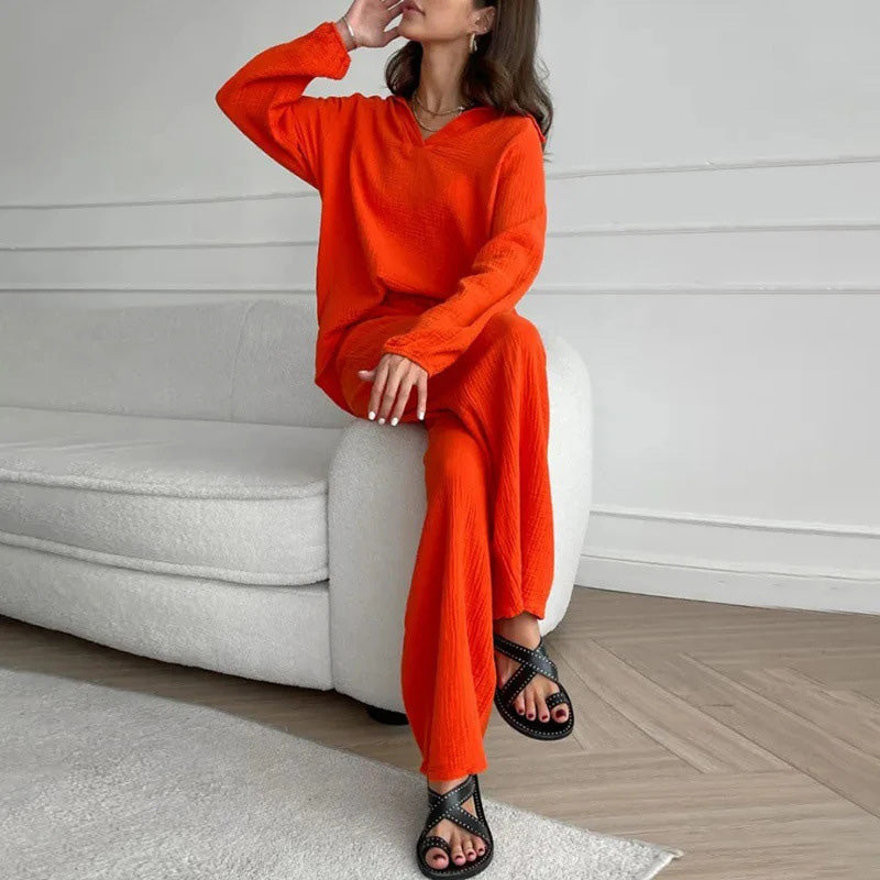Casual 2 Piece Set V Neck Top And Loose Long Pants