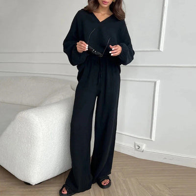 Casual 2 Piece Set V Neck Top And Loose Long Pants
