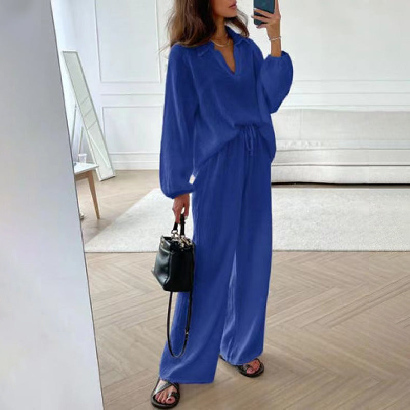 Casual 2 Piece Set V Neck Top And Loose Long Pants