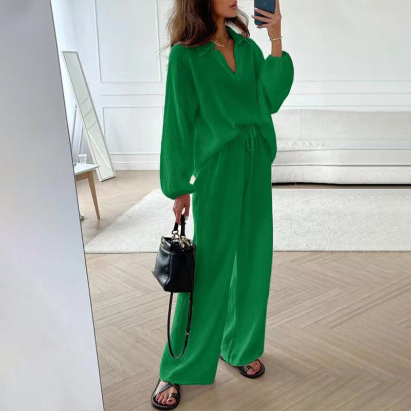 Casual 2 Piece Set V Neck Top And Loose Long Pants