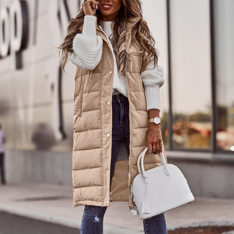 Women's Long Sleeveless Vest With Hood Stylish Winter Outerwear