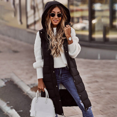 Women's Long Sleeveless Vest With Hood Stylish Winter Outerwear