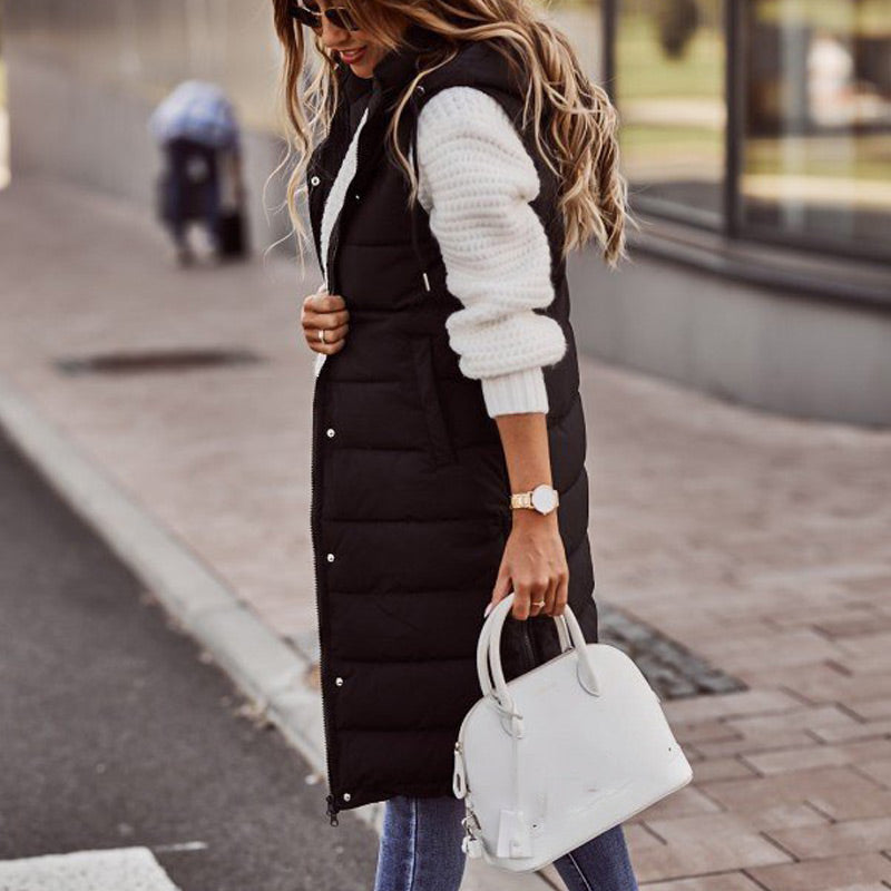 Women's Long Sleeveless Vest With Hood Stylish Winter Outerwear