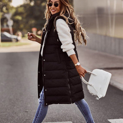 Women's Long Sleeveless Vest With Hood Stylish Winter Outerwear