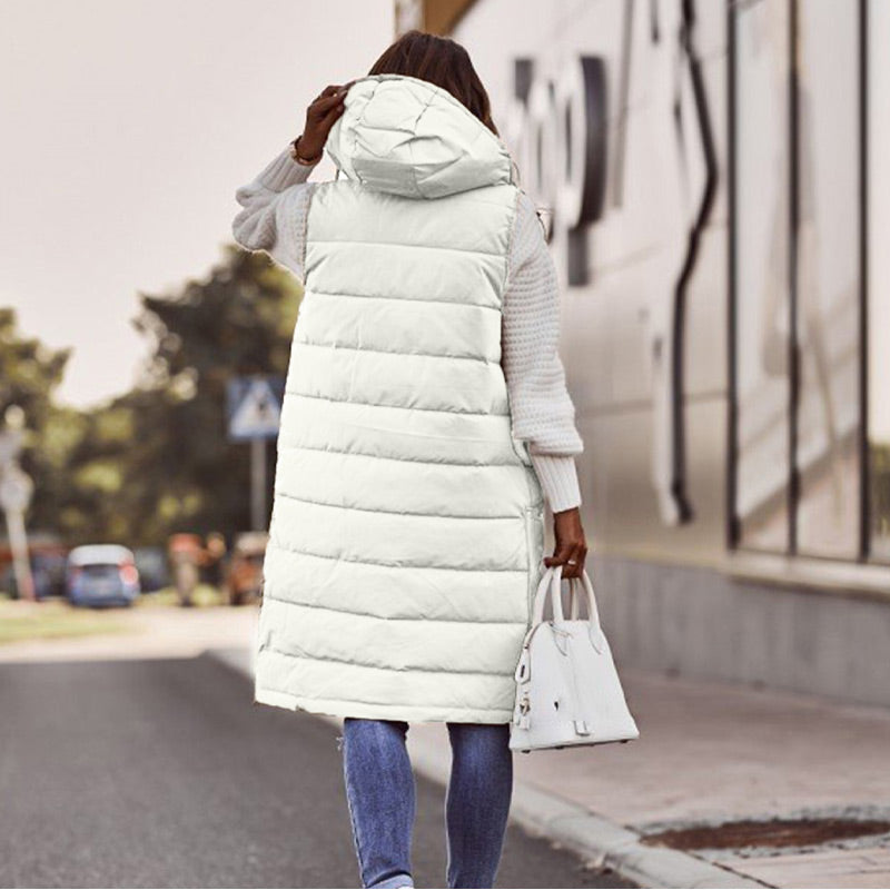 Women's Long Sleeveless Vest With Hood Stylish Winter Outerwear