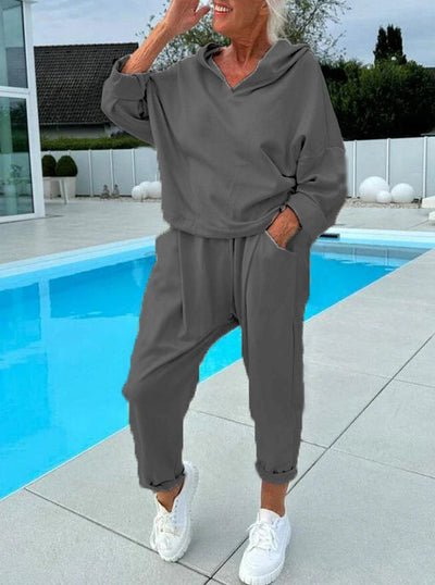 Women’s Two-Piece Hooded Sweatshirt Set Solid Color Lounge Wear