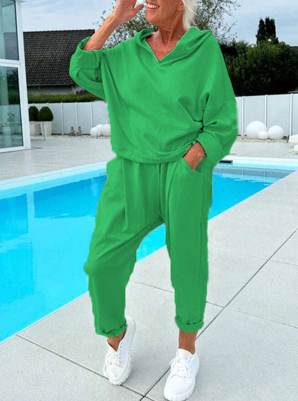 Women’s Two-Piece Hooded Sweatshirt Set Solid Color Lounge Wear