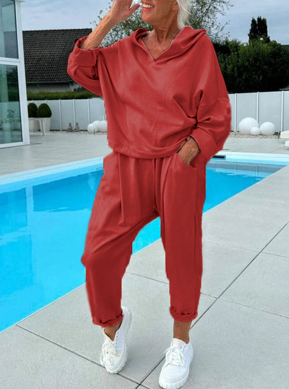 Women’s Two-Piece Hooded Sweatshirt Set Solid Color Lounge Wear