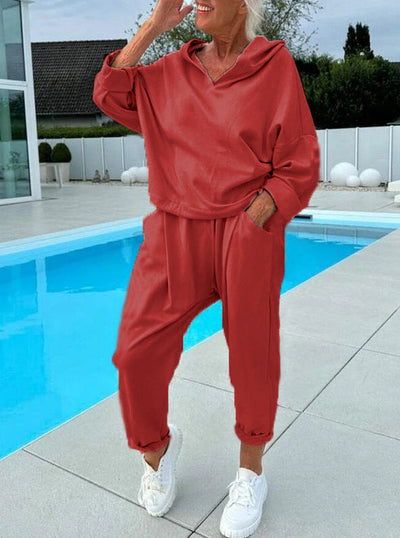Women’s Two-Piece Hooded Sweatshirt Set Solid Color Lounge Wear