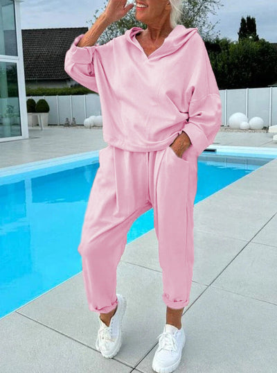 Women’s Two-Piece Hooded Sweatshirt Set Solid Color Lounge Wear