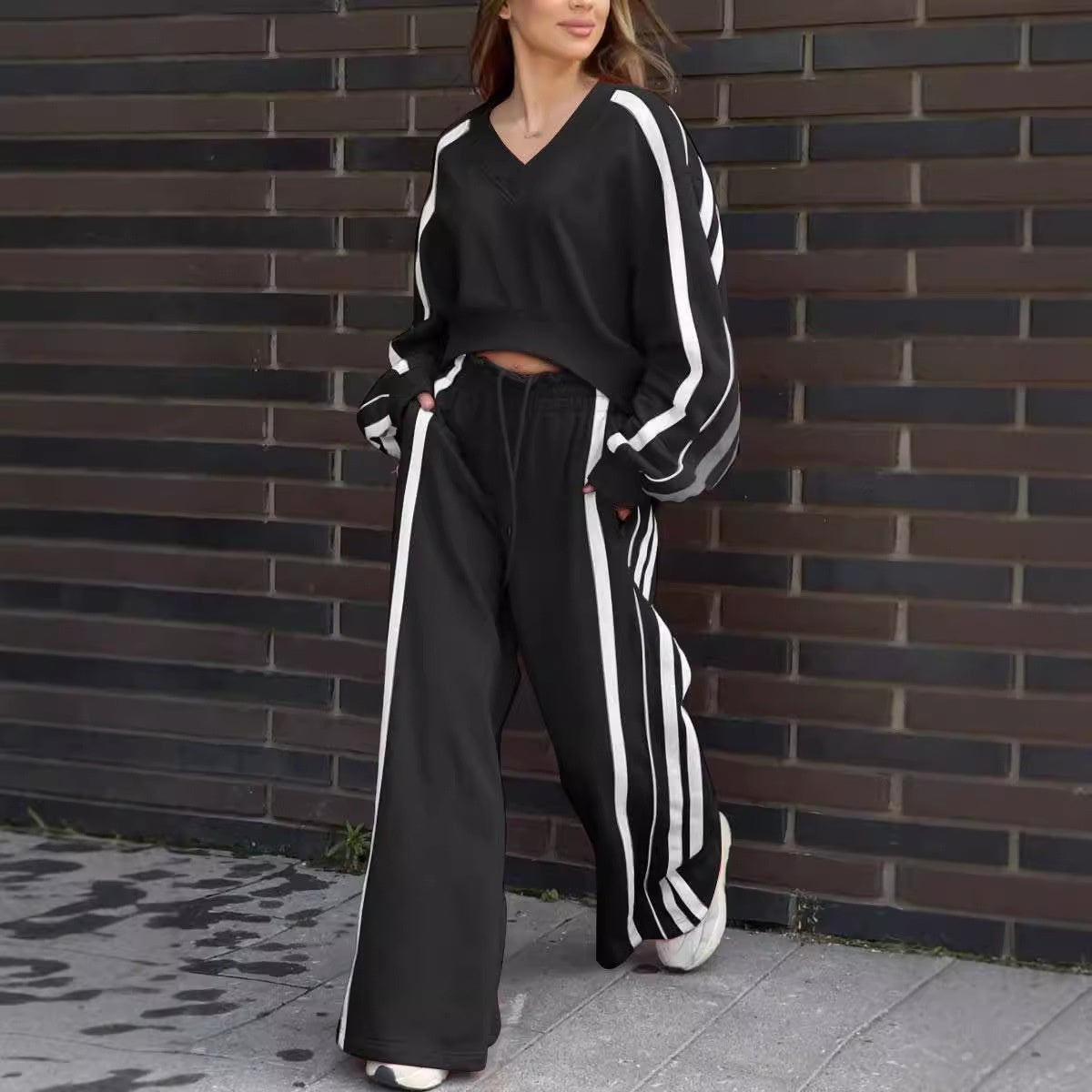 Two-Piece Casual Lounge Set Striped V-Neck Sweat And Pants