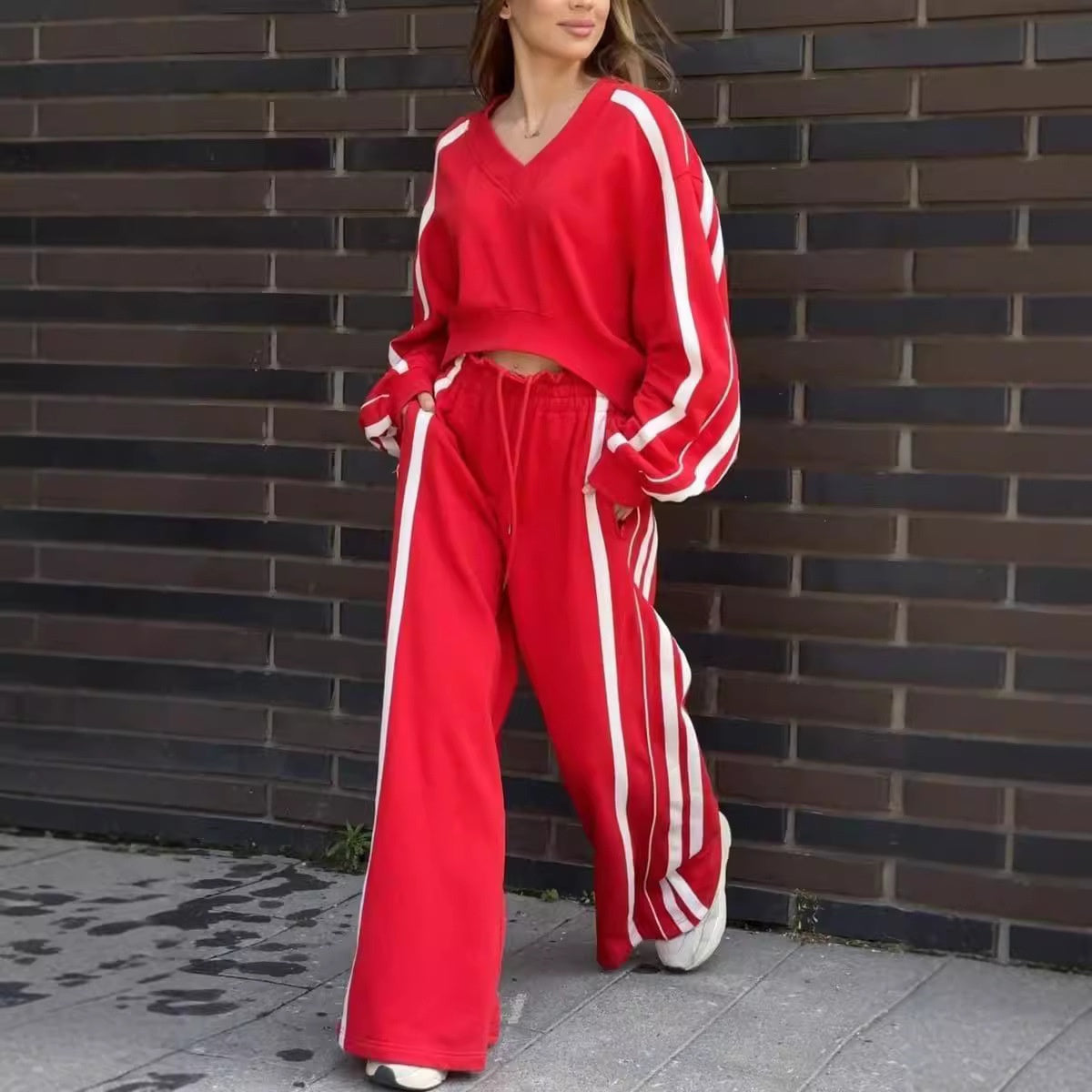 Two-Piece Casual Lounge Set Striped V-Neck Sweat And Pants