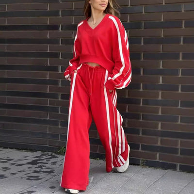 Two-Piece Casual Lounge Set Striped V-Neck Sweat And Pants