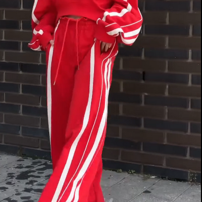 Two-Piece Casual Lounge Set Striped V-Neck Sweat And Pants