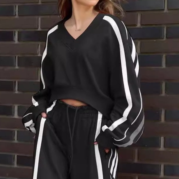 Two-Piece Casual Lounge Set Striped V-Neck Sweat And Pants