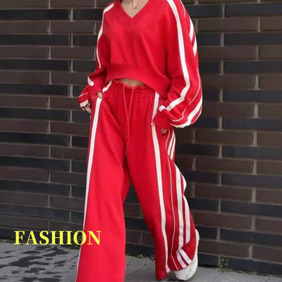 Two-Piece Casual Lounge Set Striped V-Neck Sweat And Pants