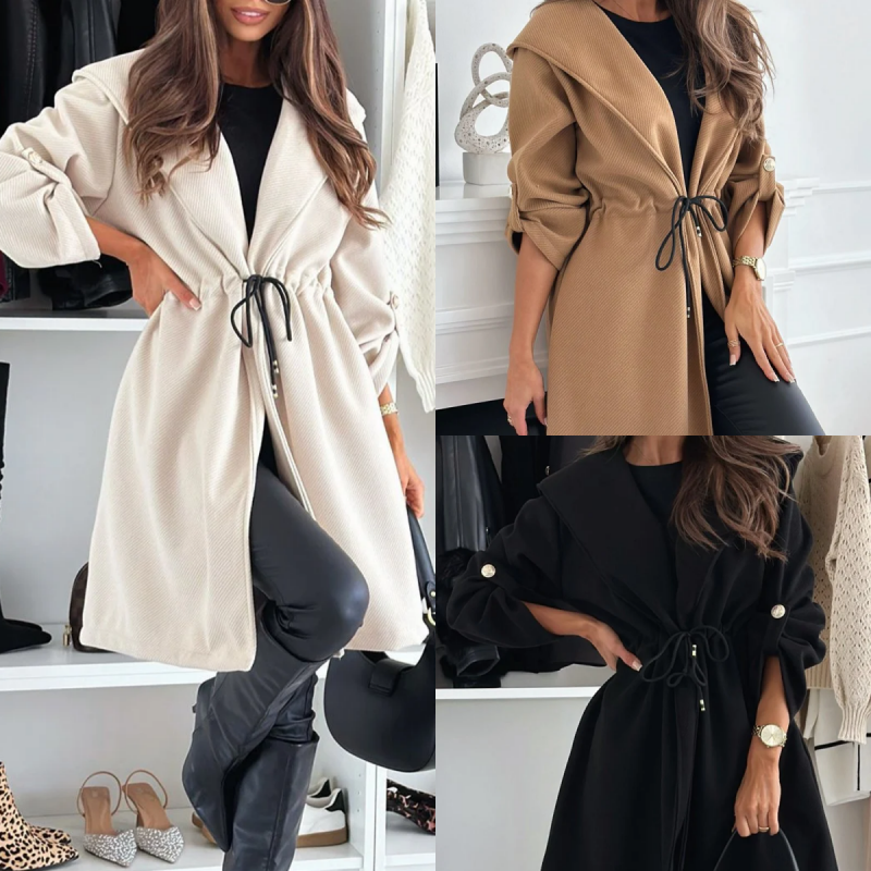 Women's Tie Waist Hooded Long Coat Stylish Casual Outerwear