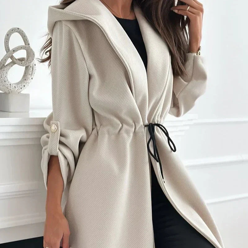 Women's Tie Waist Hooded Long Coat Stylish Casual Outerwear