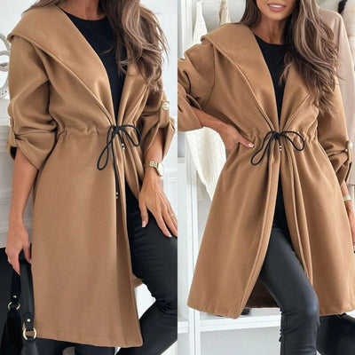 Women's Tie Waist Hooded Long Coat Stylish Casual Outerwear