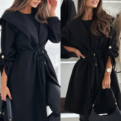 Women's Tie Waist Hooded Long Coat Stylish Casual Outerwear