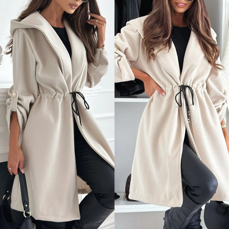 Women's Tie Waist Hooded Long Coat Stylish Casual Outerwear