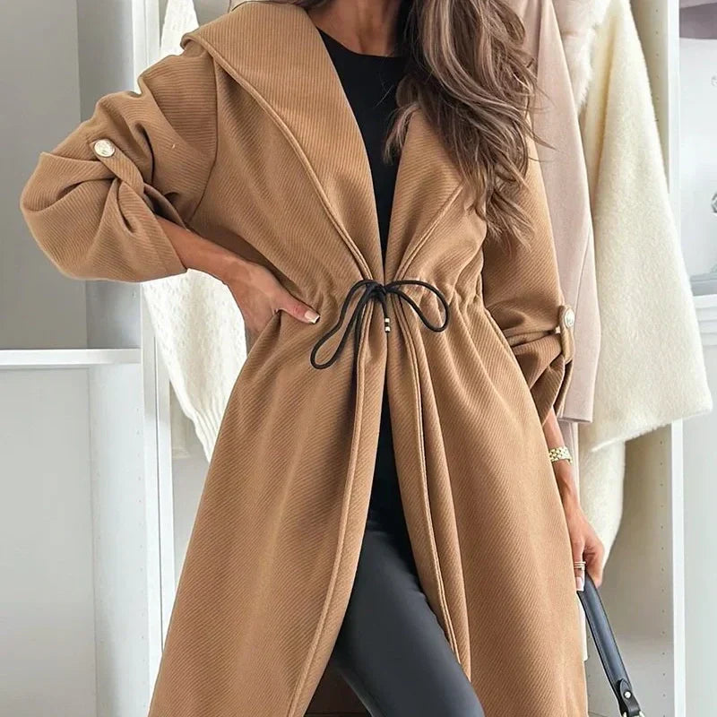 Women's Tie Waist Hooded Long Coat Stylish Casual Outerwear