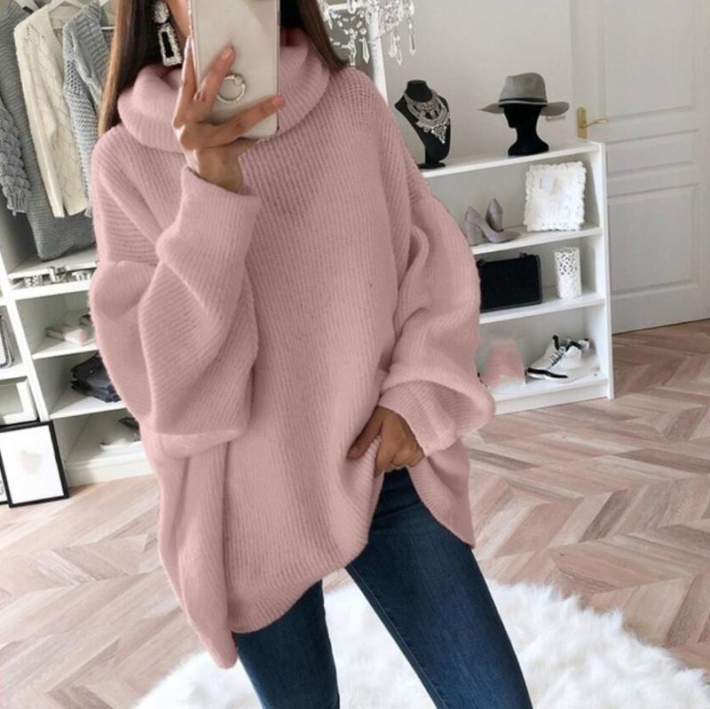 Women’s Oversized Turtleneck Sweater Solid Color Knit Pullover