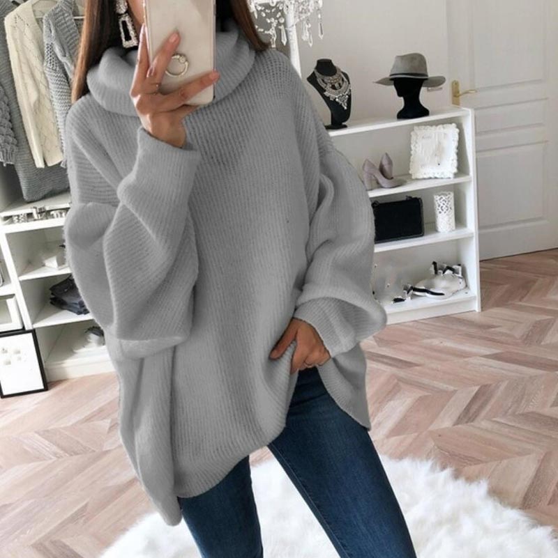 Women’s Oversized Turtleneck Sweater Solid Color Knit Pullover