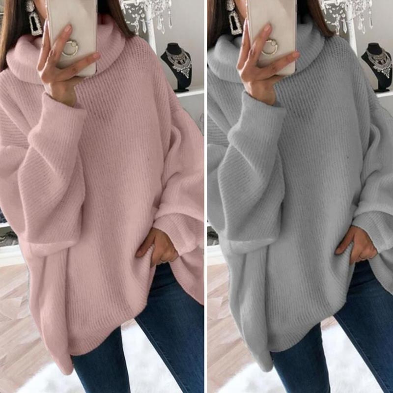 Women’s Oversized Turtleneck Sweater Solid Color Knit Pullover
