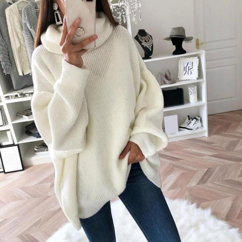 Women’s Oversized Turtleneck Sweater Solid Color Knit Pullover