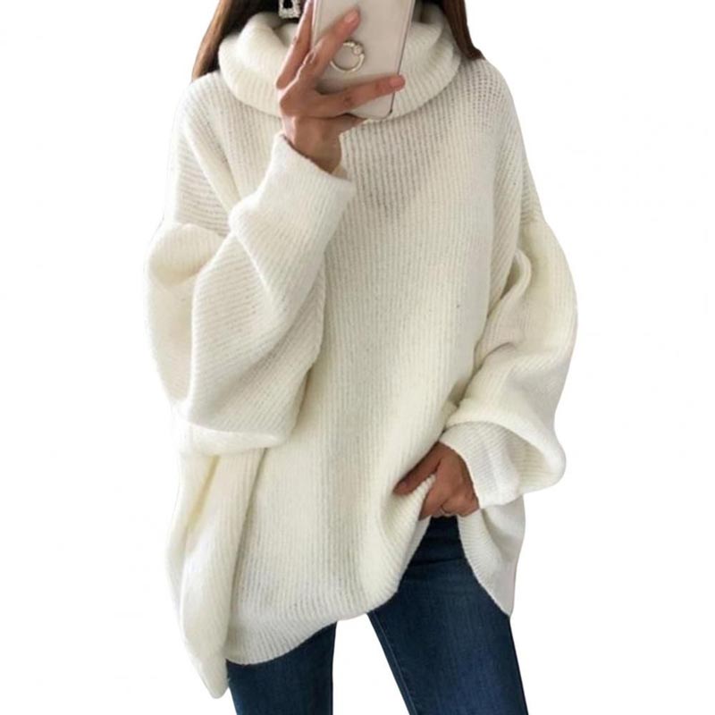 Women’s Oversized Turtleneck Sweater Solid Color Knit Pullover