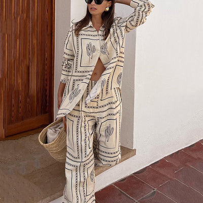 Women's Geometric Print 2 Piece Set Shirt And Wide Leg Pants