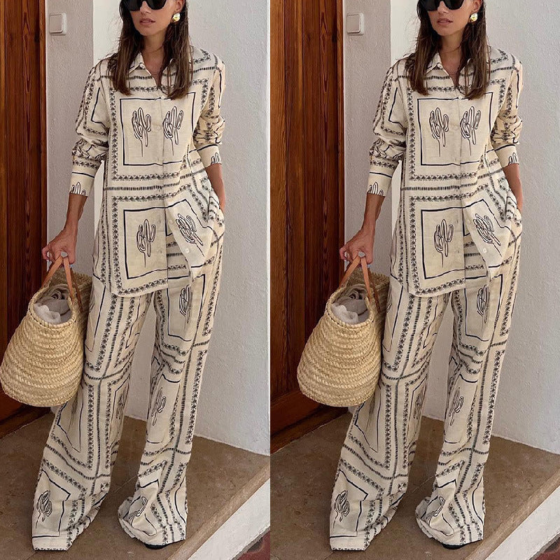 Women's Geometric Print 2 Piece Set Shirt And Wide Leg Pants