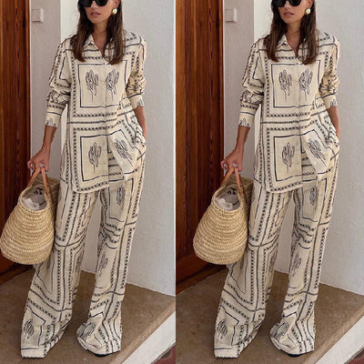 Women's Geometric Print 2 Piece Set Shirt And Wide Leg Pants