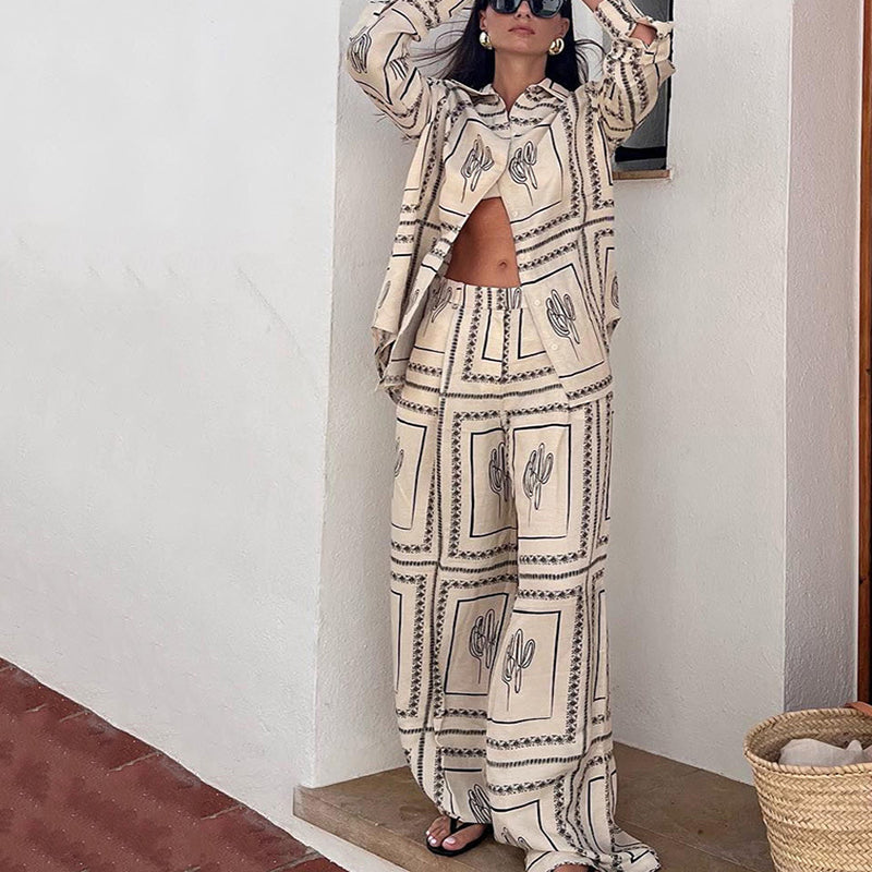 Women's Geometric Print 2 Piece Set Shirt And Wide Leg Pants